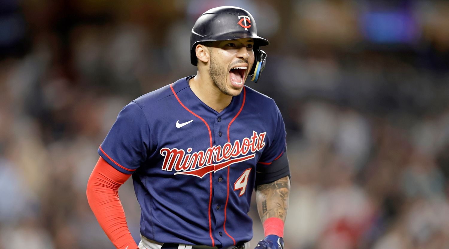 Twins shortstop Carlos Correa reacts after hitting a two-run home run against the Yankees during the eighth inning of a game Thursday, Sept. 8, 2022, in New York.